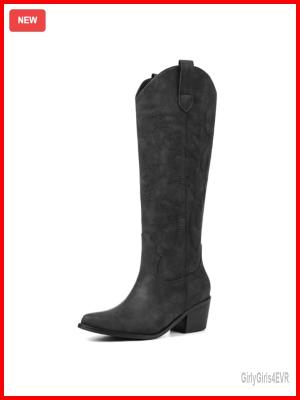 Wide Calf Knee High Cowgirl Boots Women Western Slip On Chunky Heel PU Leather